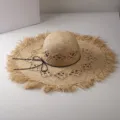Extra große Krempe Fransen Bast Strohhut hohler Strand Sonnenhut Damen Sommer Reise. - M (56-58cm) / Kuppel Durchbrochener Fransen Raffia Strohhut