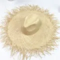 Große fransige Bast-Strohhut Damen Sommer Strand Sonnenhut lässiger Sonnenschutz - M (56-58cm) / Zylinder Einfacher Raffia Strohhut