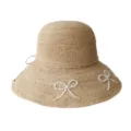 Handmade raffia sun hat for women, elegant pearl bow beach hat, summer foldable sun protection hat. - Pearl Bow Style