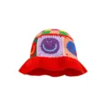 Colorful crochet bucket hat with smiley face motif, vibrant knit fisherman cap for women. - M / Multicolor Smiley Face Style - Red