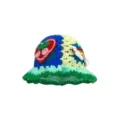 Color-block crochet bucket hat with cute cherry and rainbow patches, vintage style knit cap. - M / Vintage Floral Style - Blue Green