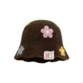 Brown Crochet Bucket Hat with Colorful Flowers Autumn Winter Casual Knitted Hat - M (56-58cm) / Flower Pattern - Coffee