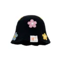 Black crochet knit bucket hat with colorful flower appliques, casual cute winter warm cap. - M (56-58cm) / Flower Pattern - Black