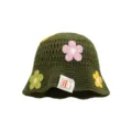 Green crochet bucket hat with colorful flower appliques and brand tag for women fashion style - M (56-58cm) / Floral - Army Green