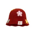 Red crochet bucket hat with colorful flower appliques and cute knitted design for women. - M (56-58cm) / Floral - Red