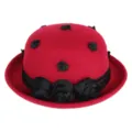 Red wool felt bowler hat detail showcasing black rose decorations and vintage rolled brim design. - M (56-58cm) / Burgundy