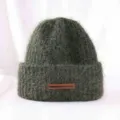 Thickened warm winter knitted beanie hat, fuzzy wool blend green cap with leather tag for women. - M (56-58cm) / Dark Green