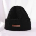 Thickened warm knitted winter beanie hat for women, soft cashmere style, solid black color detail view. - M (56-58cm) / Black