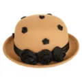 Close-up view of camel wool felt bowler hat featuring elegant black satin roses and ribbon. - M (56-58cm) / Camel