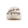 White thick knitted beanie hat with brown stitching, cozy winter warm cuffed pull-on cap. - M (56-58cm) / Milk White