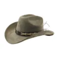 Suède western cowboyhoed in vintage stijl, brede rand met lederen band en stierenkop detail. - M (56-58cm) / Legergroen