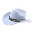 Gedetailleerd overzicht van de lichtblauwe suède western cowboyhoed met metalen stierenkop. - M (56-58cm) / Lichtblauw