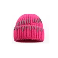 Bright pink knitted beanie with grey stitching stylish winter warm wool hat for women - M (56-58cm) / Rose Red