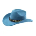 Blauwe suède western cowboyhoed detail zicht, retro stierenkop lederen riem brede rand. - M (56-58cm) / Teal