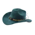Gedetailleerd overzicht van de retro donkergroene suède western cowboyhoed met stierenkop badge. - M (56-58cm) / Donkergroen