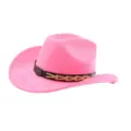 Roze suède western cowboyhoed met bruine riem, metalen stierkop embleem en brede rand. - M (56-58cm) / Perzik
