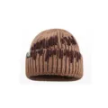 Brown knitted winter beanie with dark contrast stitching and side label, warm thick cap - M (56-58cm) / Khaki