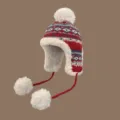 Cozy winter jacquard knit earflap hat with plush lining, top pom-pom and cute dangling pom-pom ties for women. - M (56-58cm) / Red