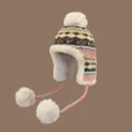 Winter knitted trapper hat with fluffy pom poms and earflaps in brown color variant - M (56-58cm) / Khaki