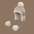 Winter warm knitted ushanka hat with earflaps, pom poms and cute nordic pattern for women. - M (56-58cm) / Gray
