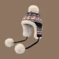 Women's winter warm knitted ushanka hat with pom-pom, black and red nordic fair isle pattern. - M (56-58cm) / Black