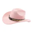 Chapeau de cowboy occidental en suédine rose avec ceinture tête de taureau, large bord style rétro. - M (56-58cm) / Rose Clair