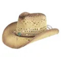 Chapeau de paille creux vintage vue detaillee, chapeau de plage d'ete style cowboy occidental. - M (56-58cm) / Sangle de chapeau vintage