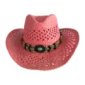Pink straw western cowboy hat with turquoise beaded band detail, summer beach sun hat. - M (56-58cm) / Pink With Green Beads