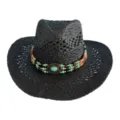 Detailed close-up view of black woven straw cowboy hat with bohemian beaded band and turquoise. - M (56-58cm) / Black With Green Beads