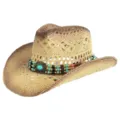 Chapeau de cowboy en paille perlé bohème chapeau de soleil tissé vintage pour plage d'été - M (56-58cm) / Perles Vertes