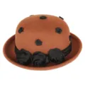 Close-up detail of the vintage brown wool felt hat adorned with elegant black fabric roses and ribbon. - M (56-58cm) / Caramel color