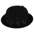 Detail close-up of the black wool felt vintage bowler hat showcasing exquisite black fabric roses. - M (56-58cm) / Black