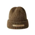 Autumn winter warm knit beanie hat for women men solid color letter patch wool cap detail view - M (56-58cm) / Brown