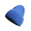 Bonnet en tricot bleu pour femme hiver chaud doux mélange laine cachemire revers côtelé - Taille unique / Bleu Saphir