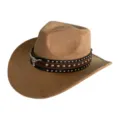 Détail de chapeau de cowboy western rétro, daim marron avec clous et décor de crâne de taureau. - M (56-58cm) / Chameau