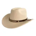Beige Western cowboy hat with braided leather band and metal accent for daily wear party styling - M (56-58cm) / Beige