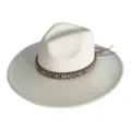 Detailed view of wide brim suede fedora hat with ethnic woven band and leather cord decor. - M (56-58cm) / White