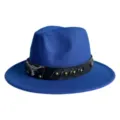 Close-up detail of the blue fedora hat with metallic bull head and leather band design. - M (56-58cm) / Blue