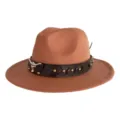 Vintage brown fedora hat with leather belt and metal bull skull decor, stylish western cap. - M (56-58cm) / Brown