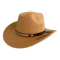 Detailed view of the khaki western cowboy hat featuring a stylish braided band and gold accent. - M (56-58cm) / Camel