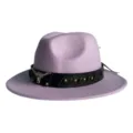 Detailed view of a stylish purple fedora hat with a black leather bull head band and studs. - M (56-58cm) / Light Purple