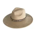 Close-up detail of the wide-brim suede fedora hat, featuring a stylish woven band decoration. - M (56-58cm) / Light Khaki