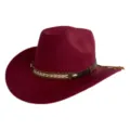 Wine red western cowboy hat with braided leather band retro fedora hat for men and women detail - M (56-58cm) / Burgundy
