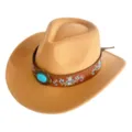 Chapeau de cowboy occidental pour hommes et femmes, feutre avec bande en cuir et boucle turquoise. - M (56-58cm) / Chameau