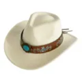 Chapeau de cowboy western en feutre blanc cassé avec bande brodée marron et boucle en turquoise. - M (56-58cm) / Blanc