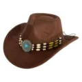 Close-up of brown suede western cowboy hat featuring triple beaded band and turquoise medallion. - M (56-58cm) / 31 Badge Beaded Band- Brown Suede Hat