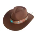 Chapeau de cowboy western en feutre marron avec boucle turquoise et bande en cuir brodée. - M (56-58cm) / Café