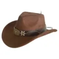 Close-up detail of the retro brown suede western cowboy hat with metal bull skull buckle. - M (56-58cm) / 47 Bull Head Band- Brown Suede Hat