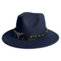 Detail shot of dark blue vintage fedora hat with western bull head leather band and studs. - M (56-58cm) / Navy Blue