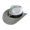 Gros plan détaillé d'un chapeau de cowboy western gris en suédine avec ruban cuir et taureau métal. - M (56-58cm) / Bleu clair